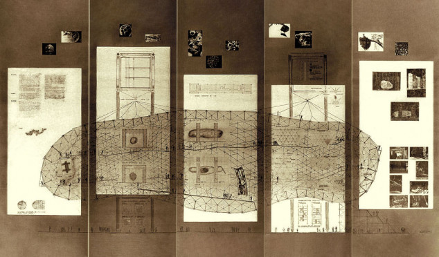 Ökologiezenrum Arche Noah, Gesamtplan - Tusche, Blei, Farbstift, Pastell und Thermochrome auf Pergament