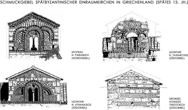 Typische Ziegel-Schmuckgiebel spätbyzantinischer Kirchen in Griechenland, hier Kreuzdachkirchen aus der 2. Hälfte des 13. Jh.